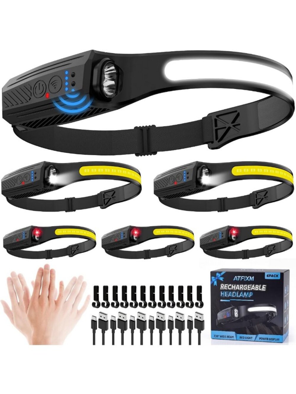 Rechargeable 6-Pack LED Headlamps, 230° Wide Beam, Bright Forehead Lights